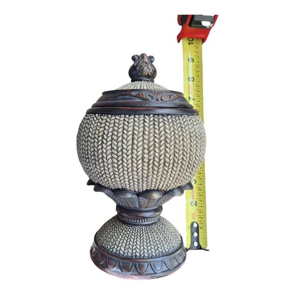 Ornate Lidded Jar Pedestal Spherical Finial Heavy Carved Woven Resin Urn Decor - Picture 13 of 16